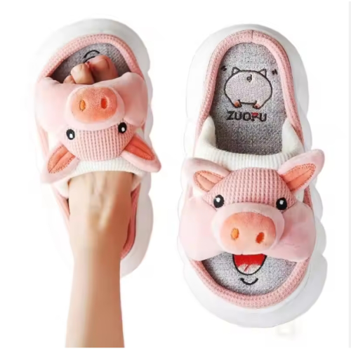2024 best selling Cute Pig Penguin linen Slippers for Women Soft Thick Sole Shoes for Home